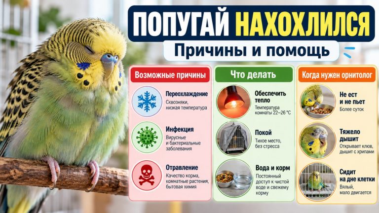 Попугай нахохлился и сидит